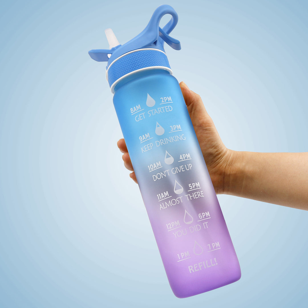 Premium Wasserflasche mit Sprühfunktion & Motivationscoach